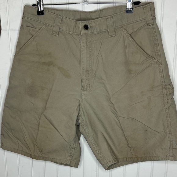 2 Carhartt Canvas Cell Phone Work Shorts Tan Size 34 - Picture 2 of 10